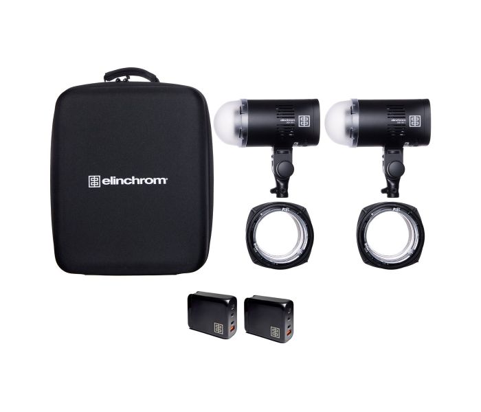 Elinchrom LED 100 C with 2x 100W Fast Chargers - Dual Head Kit box contents