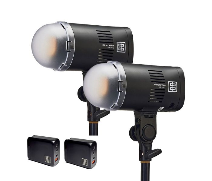 Elinchrom LED 100 C dual head kit with 2x 100W Fast Chargers - Dual Head Kit - head front slant with diffuser attached 