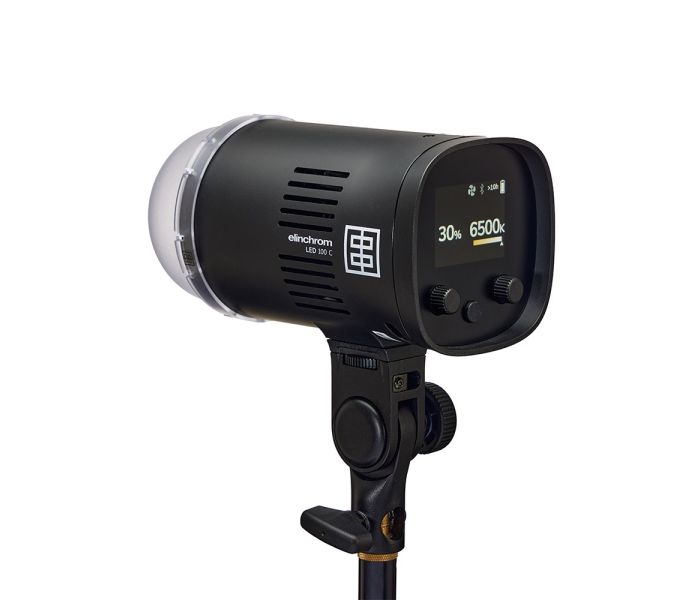 Elinchrom LED 100 C with 100W Fast Charger - Dual Head Kit - rear slant, colour temperature control screen with diffuser attached 