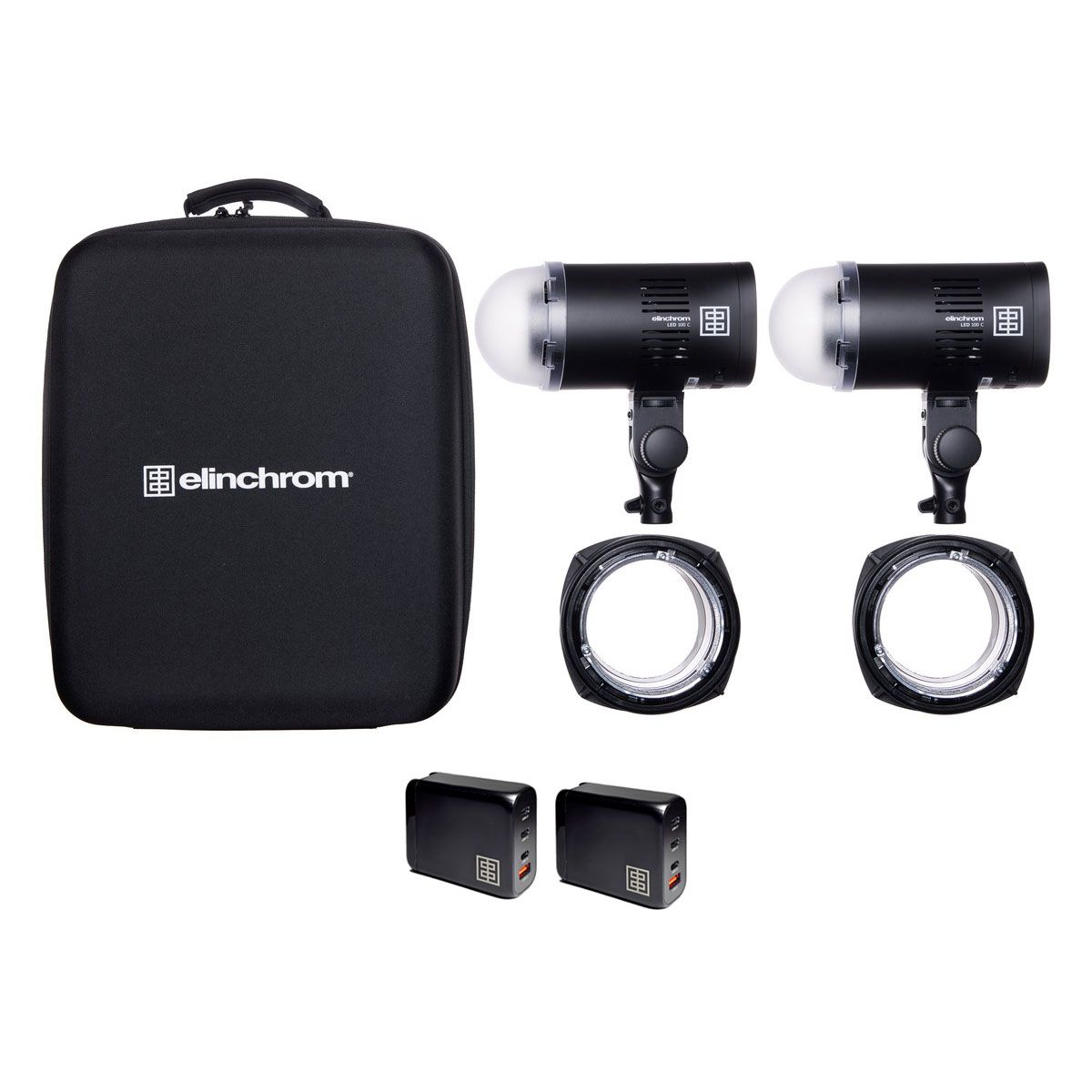 Elinchrom LED 100 C with 2x 100W Fast Chargers - Dual Head Kit box contents