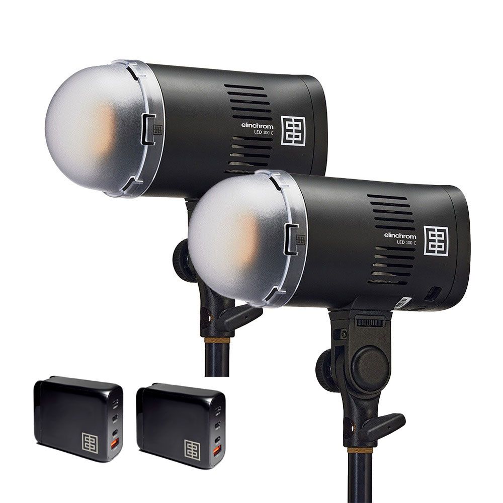 Elinchrom LED 100 C dual head kit with 2x 100W Fast Chargers - Dual Head Kit - head front slant with diffuser attached 
