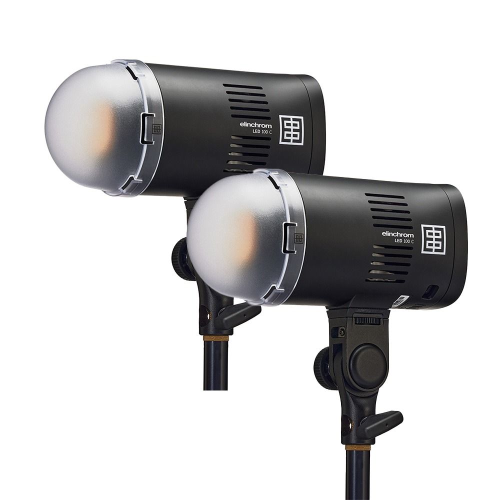 Elinchrom LED 100 C with 100W Fast Charger - Dual Head Kit - heads with diffusers attached 