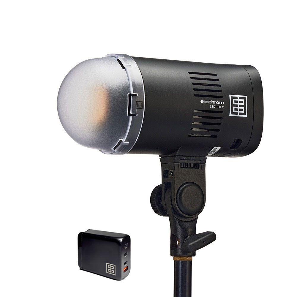 Elinchrom LED 100 C with 100W Fast Charger - Single Head Kit - head front slant with diffuser attached and 100W fast charger