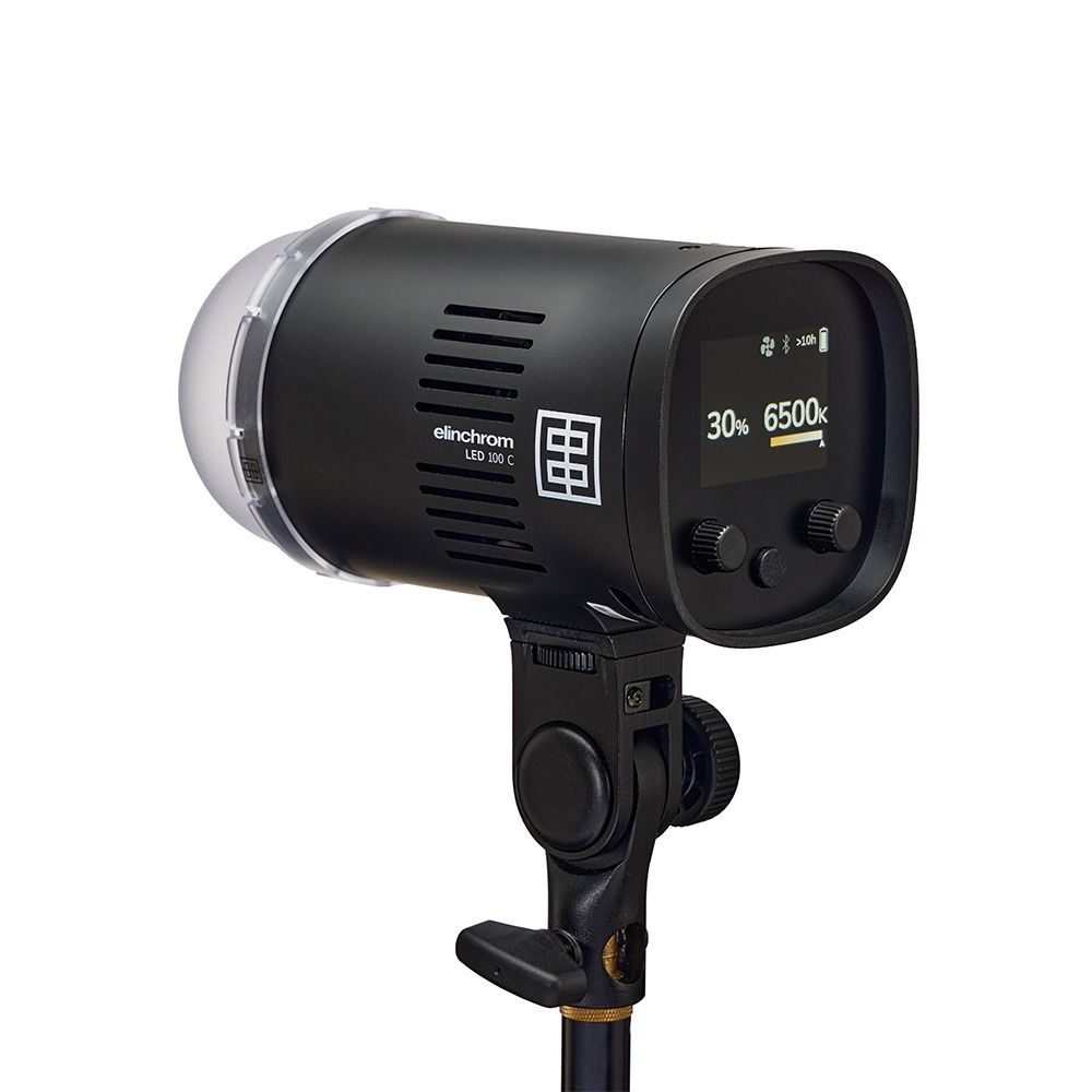Elinchrom LED 100 C with 100W Fast Charger - Single Head Kit - rear slant, colour temperature interface with diffuser attached 