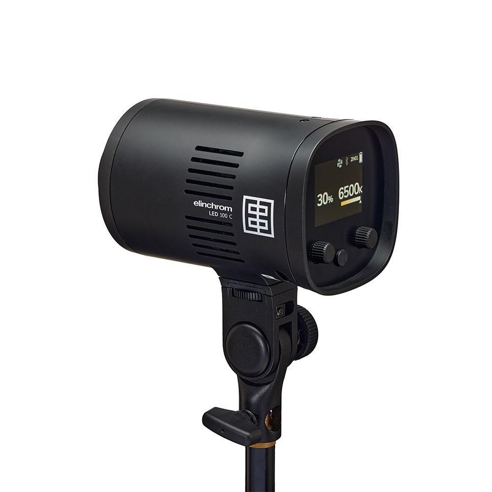 Elinchrom LED 100 C with 100W Fast Charger - Dual Head Kit - rear slant, colour temperature control screen with no diffuser 