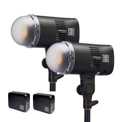 Elinchrom LED 100 C dual head kit with 2x 100W Fast Chargers - Dual Head Kit - head front slant with diffuser attached 